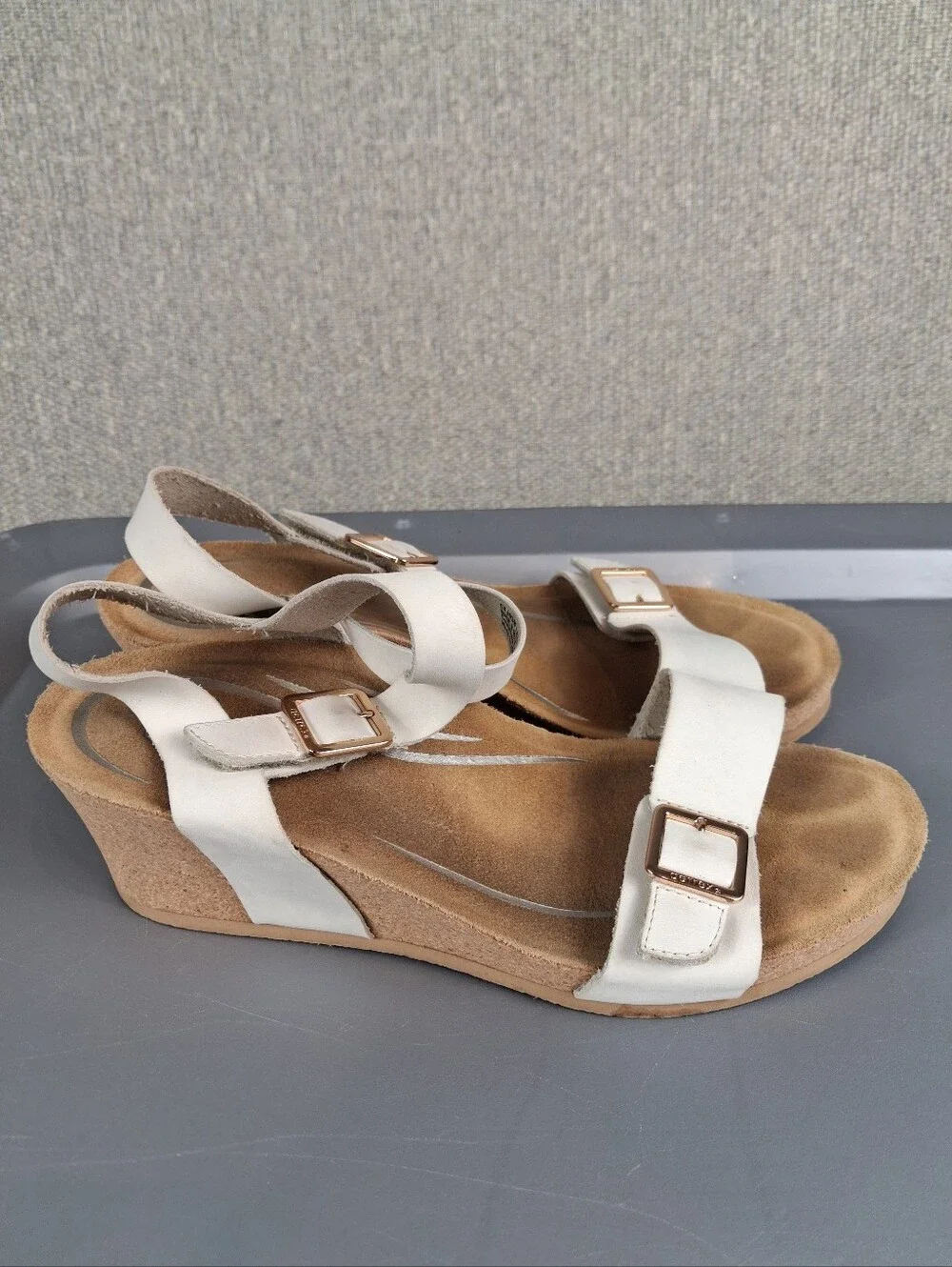 Aetrex Lexa Quarter Strap Cork Wedge Sandals Ivory Leather Built-in Orthotic